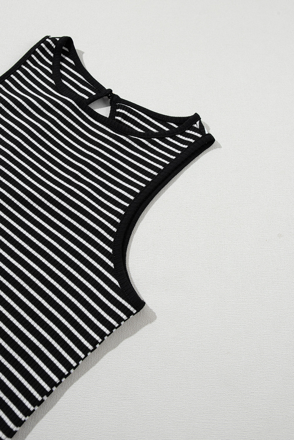 Black White Striped Ribbed Knit Sleeveless Tank Top