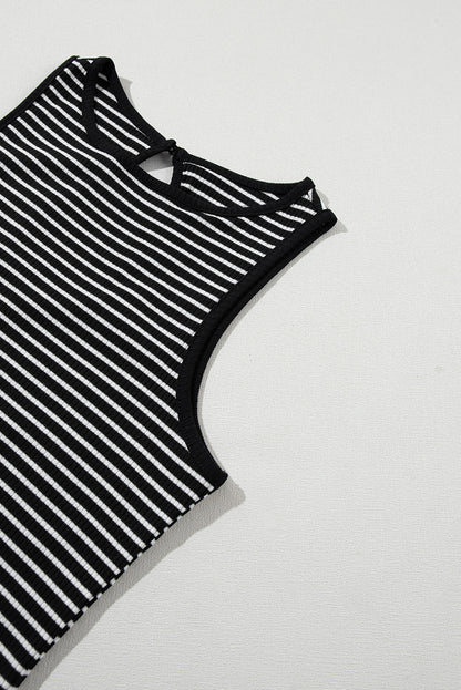 Black White Striped Ribbed Knit Sleeveless Tank Top