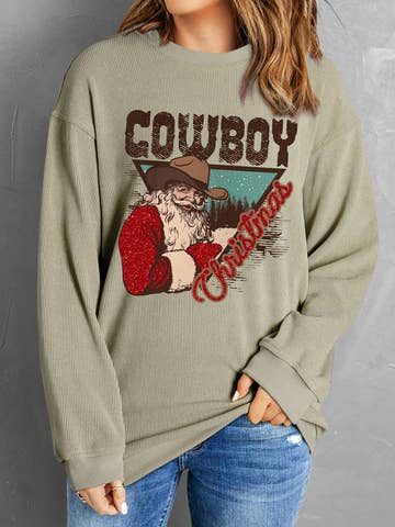 Cowboy Christmas Santa Graphic Corded Knit Sweatshirt