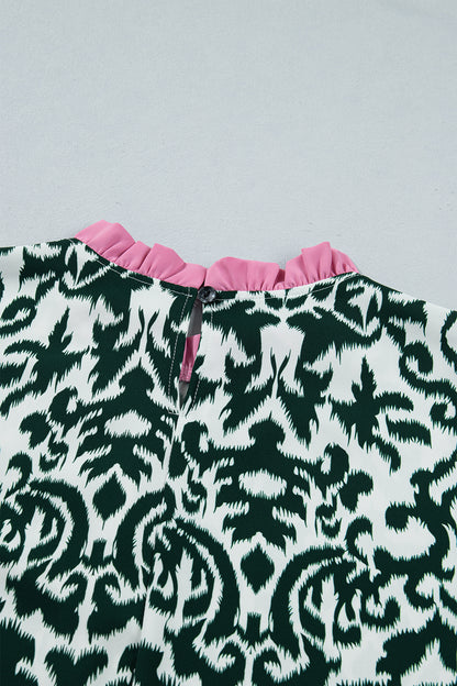 Damask Print Ruffle Trim Half Sleeve Casual Blouse