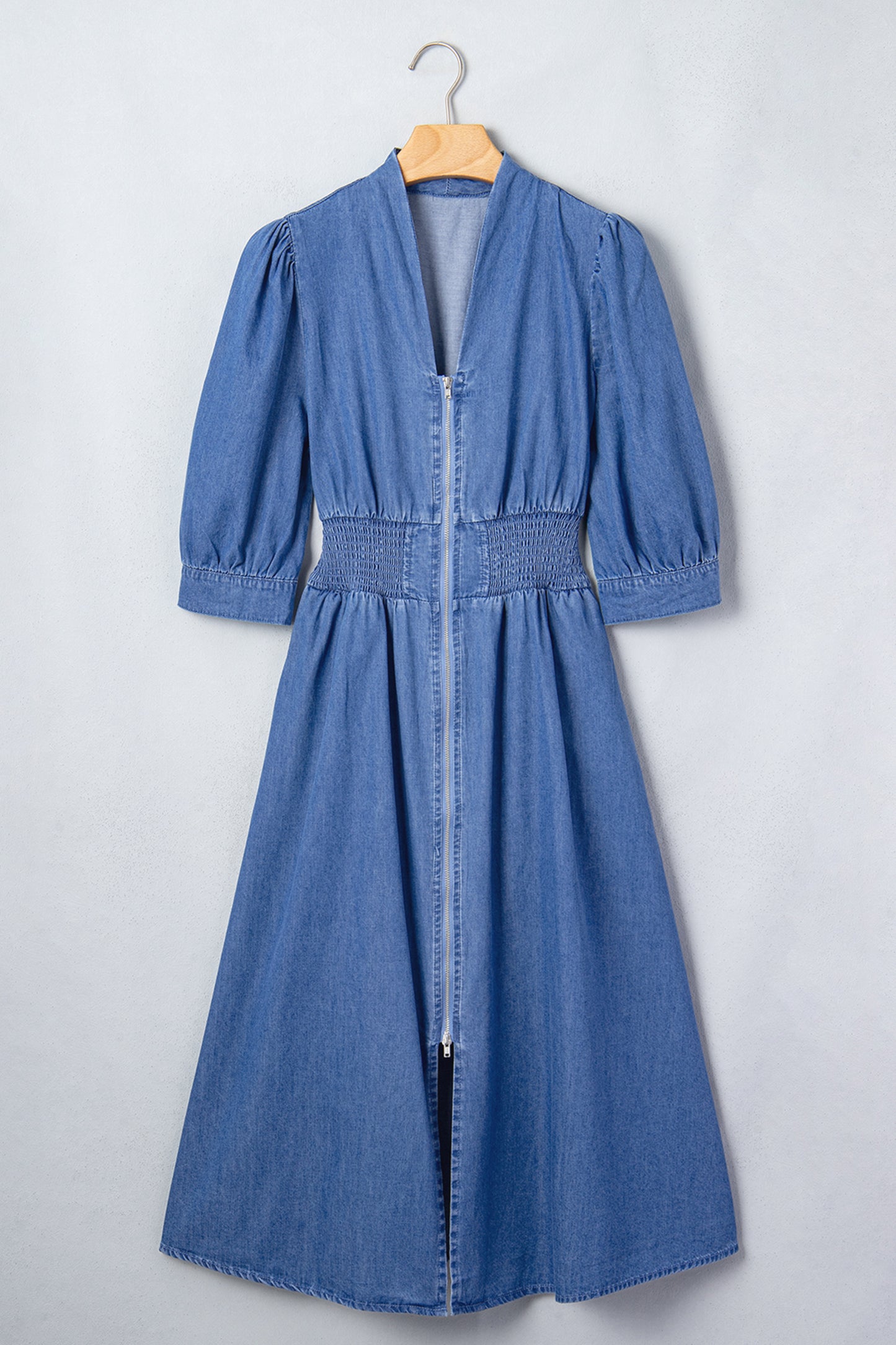 Denim Zip Front Smocked Waist Puff Sleeve Midi Dress