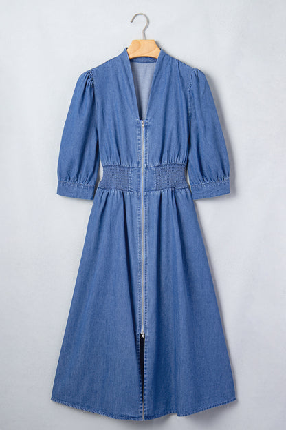 Denim Zip Front Smocked Waist Puff Sleeve Midi Dress