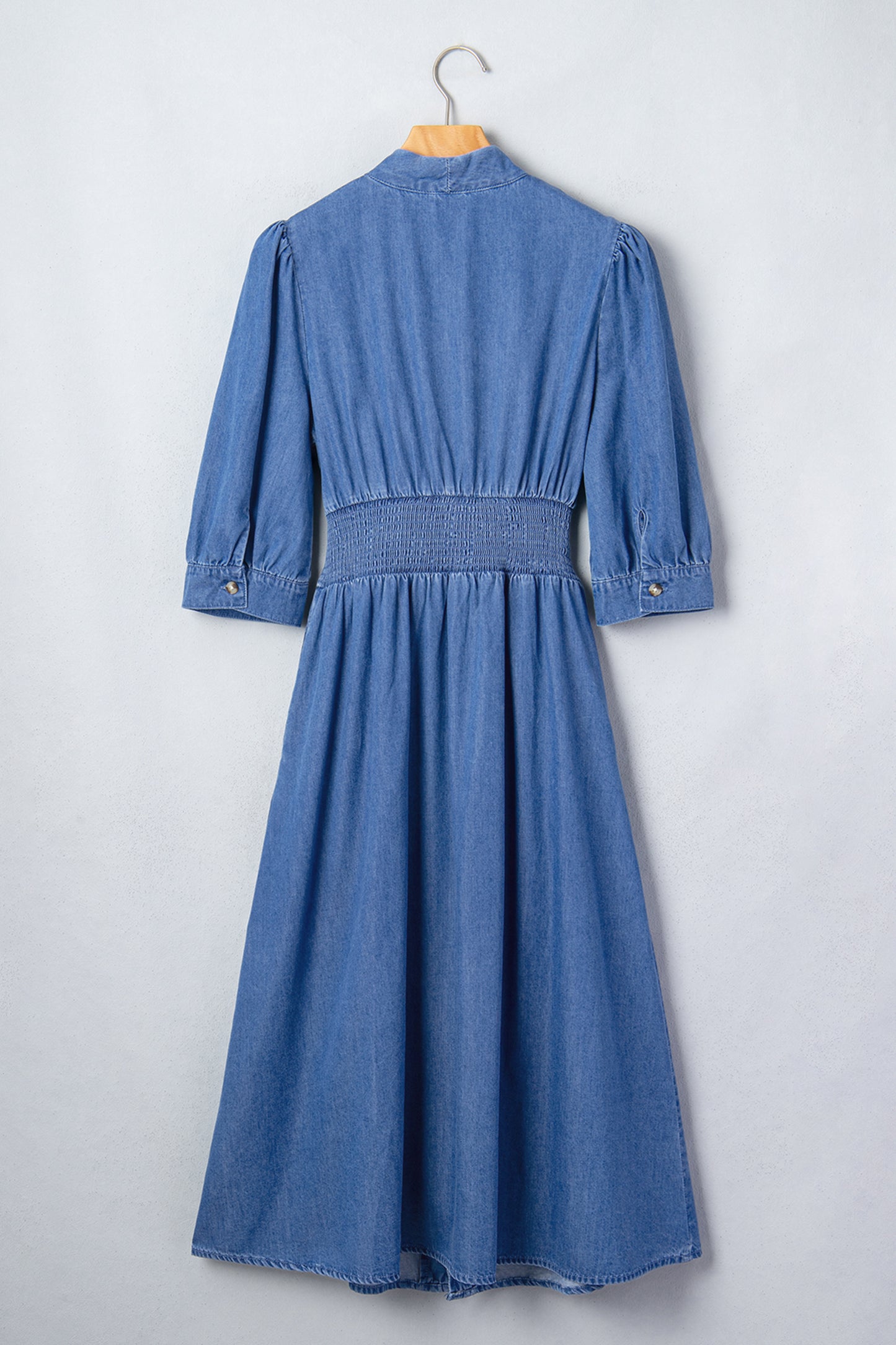 Denim Zip Front Smocked Waist Puff Sleeve Midi Dress