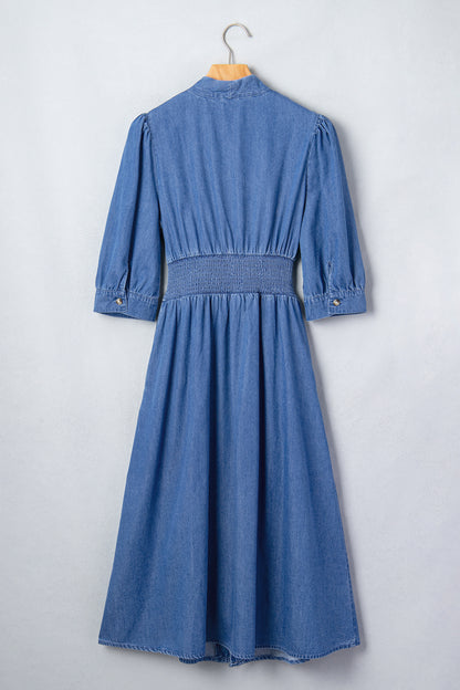 Denim Zip Front Smocked Waist Puff Sleeve Midi Dress