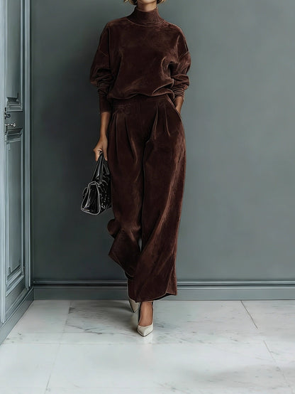 Velvet Mock Neck Wide Leg Pants Two Piece Lounge Set