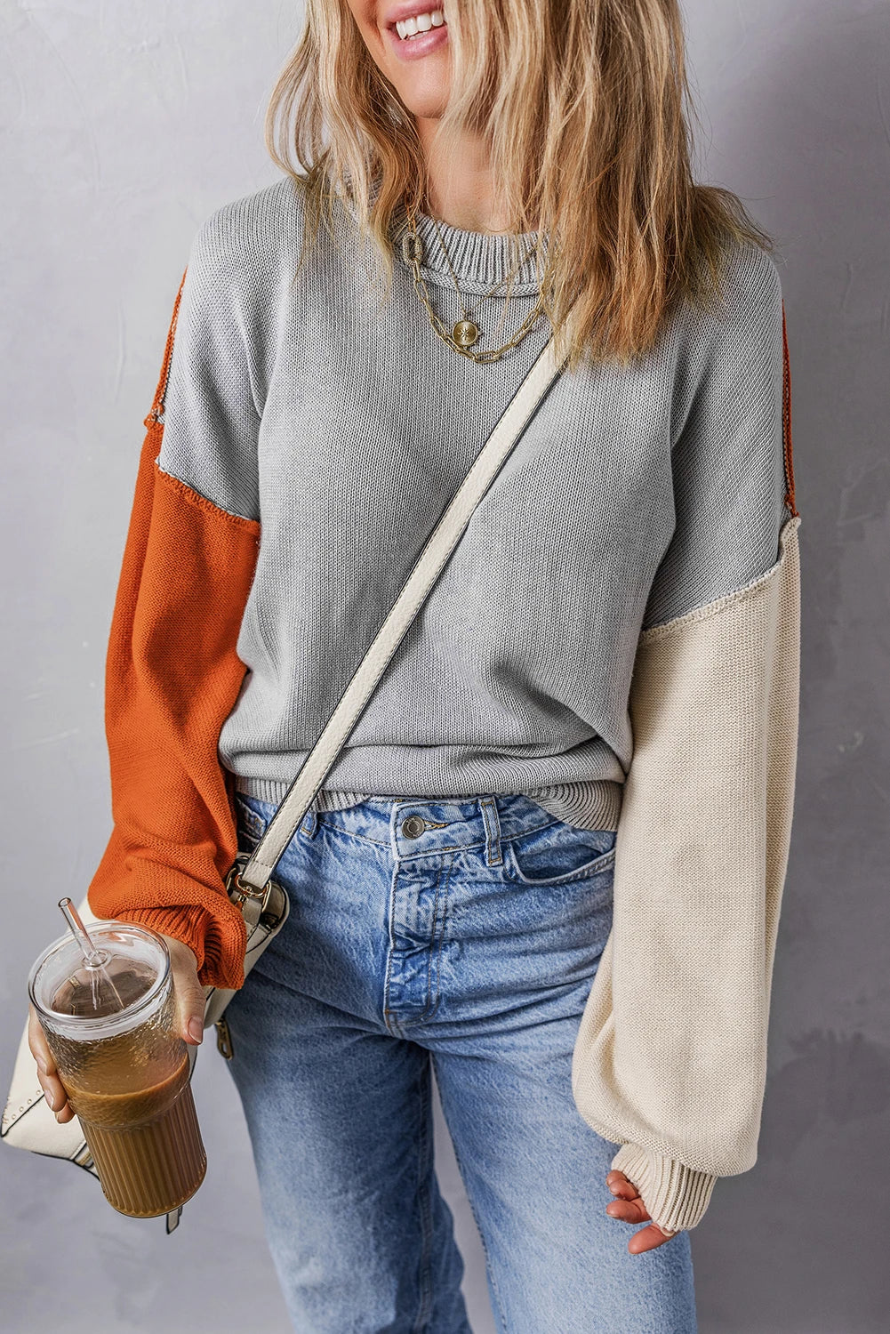Colorblock Bishop Sleeve Ribbed Knit Sweater