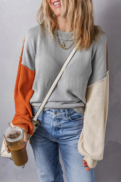 Colorblock Bishop Sleeve Ribbed Knit Sweater