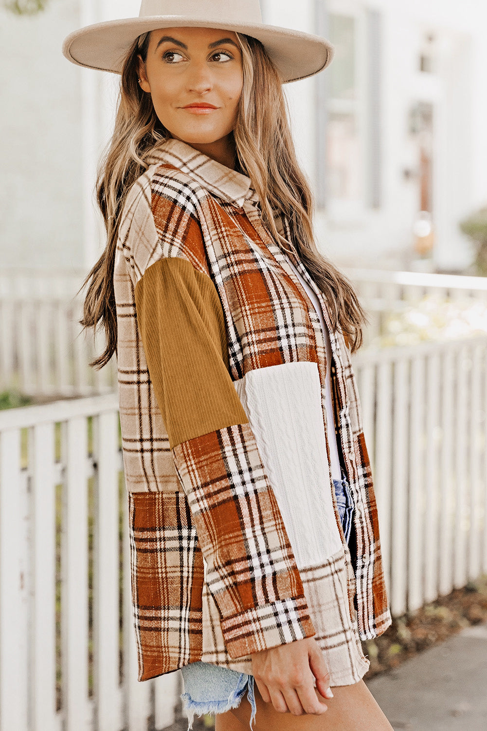 Color Block Plaid Corduroy Shacket with Pocket