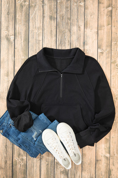 Black Quarter Zip Stand Neck Kangaroo Pocket Sweatshirt