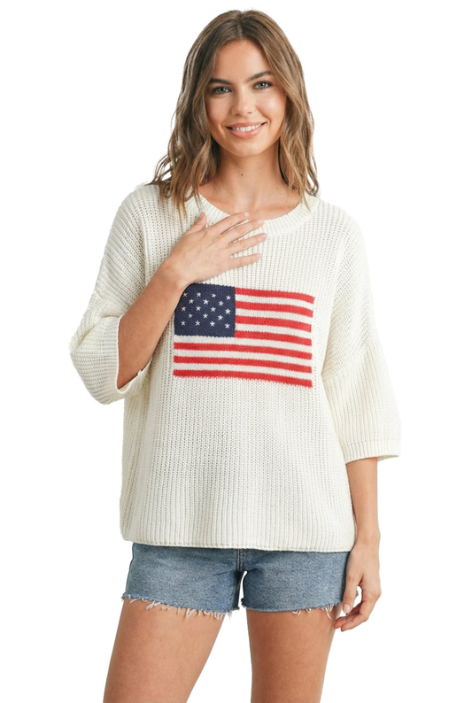 American Flag Knit Sweater 3 4 Sleeve Crewneck Top
