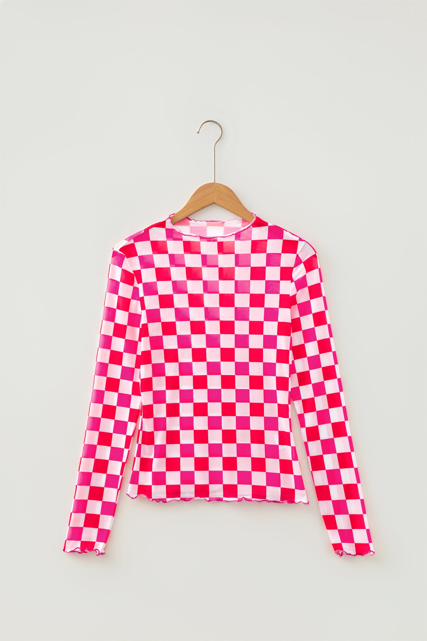 Rose Checkerboard Mesh Long Sleeve Fitted Top