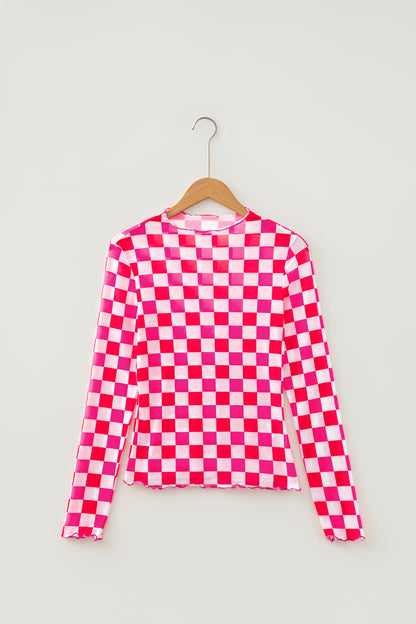 Rose Checkerboard Mesh Long Sleeve Fitted Top