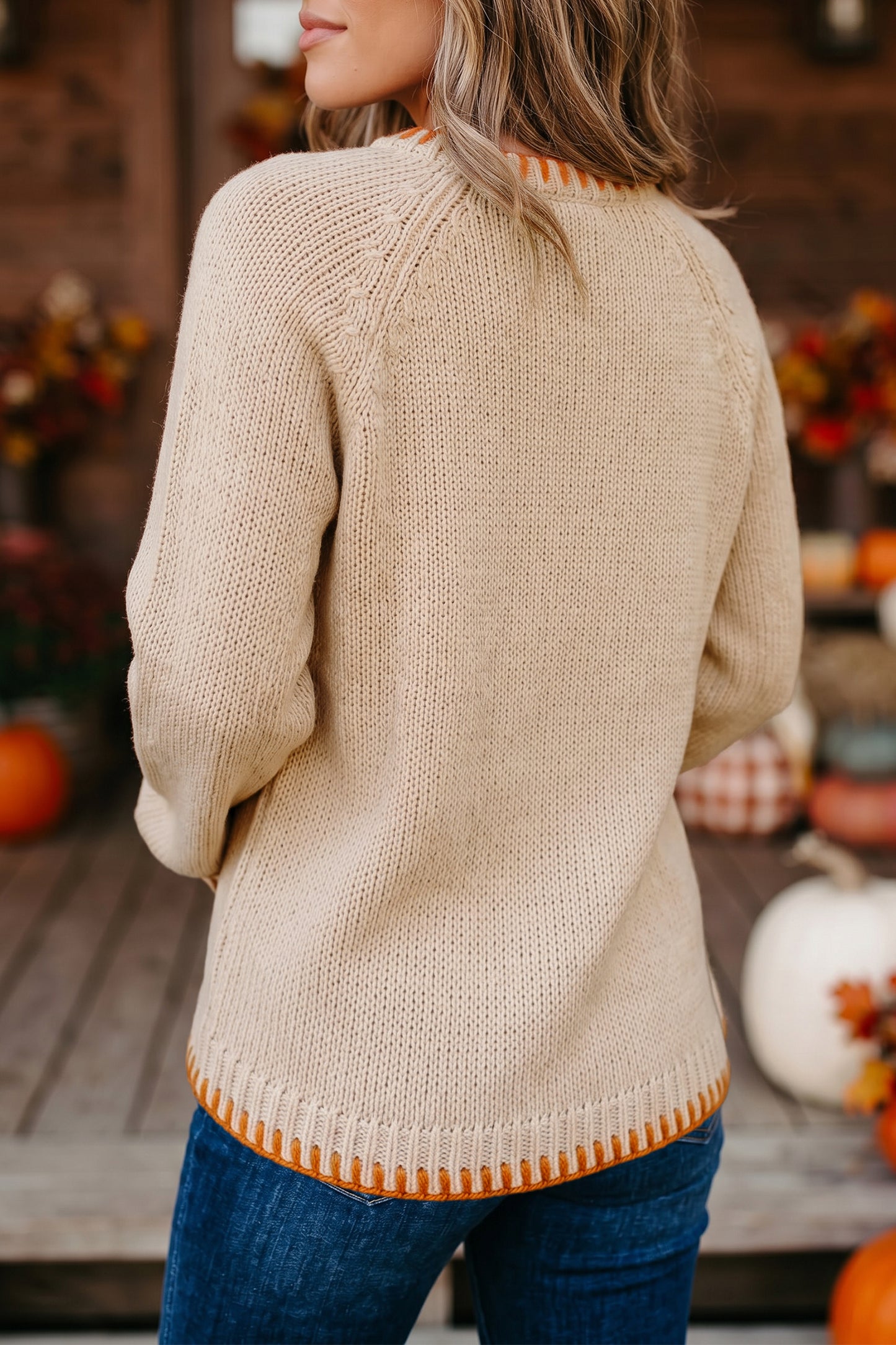 Pumpkin Knit Sweater Autumn Floral Embroidered Relaxed Fit