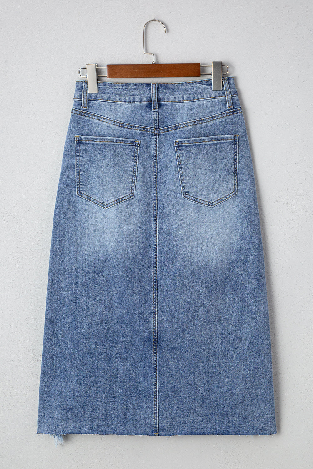Distressed High Waist Asymmetrical Denim Midi Skirt