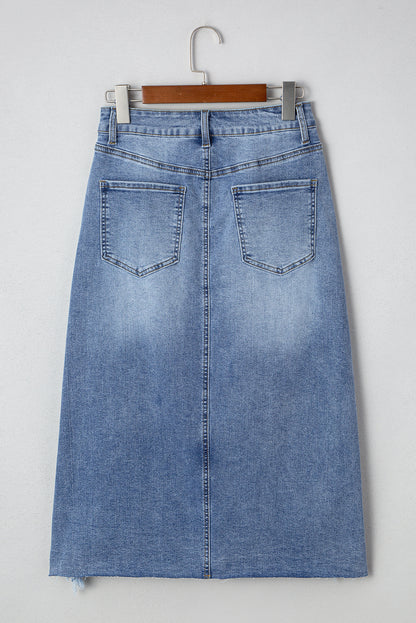 Distressed High Waist Asymmetrical Denim Midi Skirt