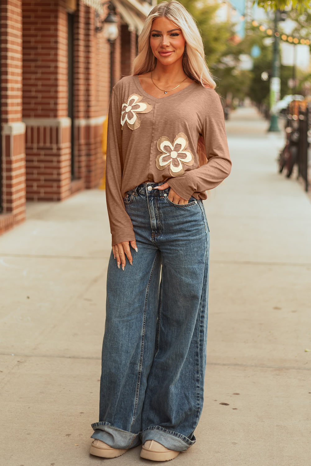 Floral Patchwork V Neck Long Sleeve Casual T Shirt