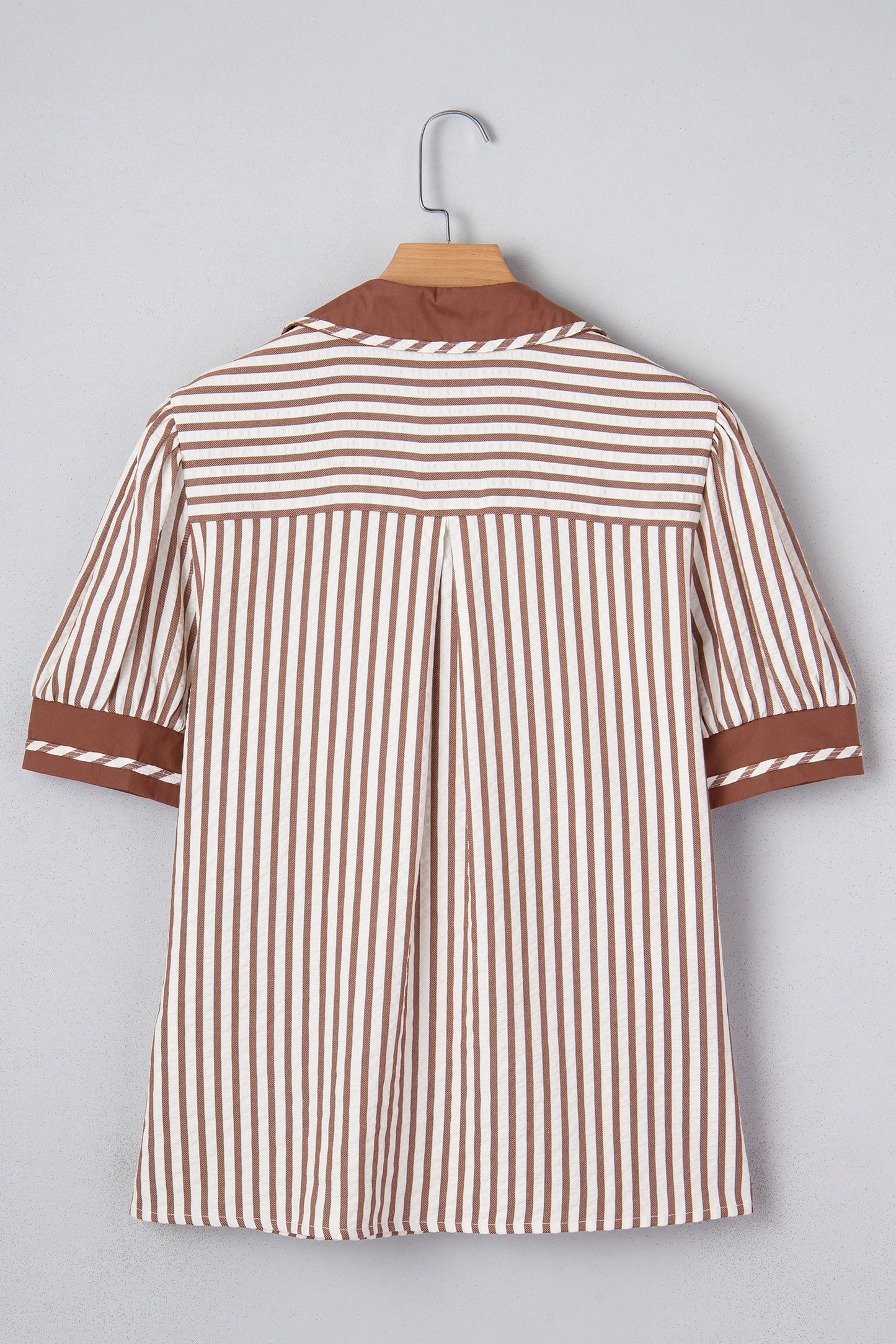 Khaki Striped Split Neck Puff Sleeve Blouse Top