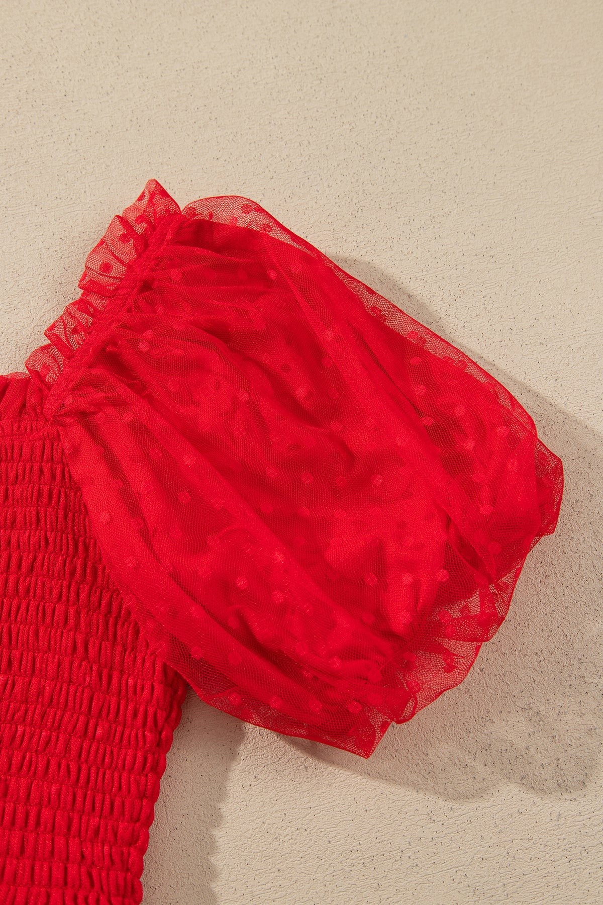 Fiery Red Tiered Tulle Smocked Bodice Puff Sleeve Dress