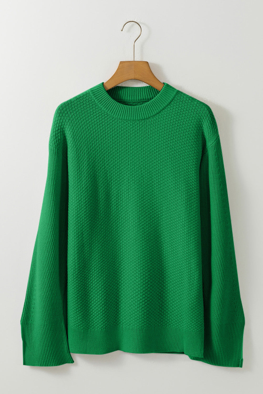 Green Textured Knit Drop Shoulder Split Cuff Oversized Sweater