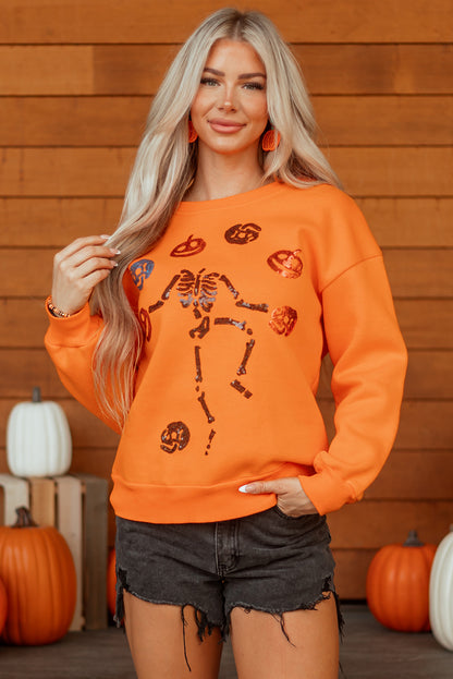 Sequin Skeleton Pumpkin Halloween Crewneck Sweatshirt
