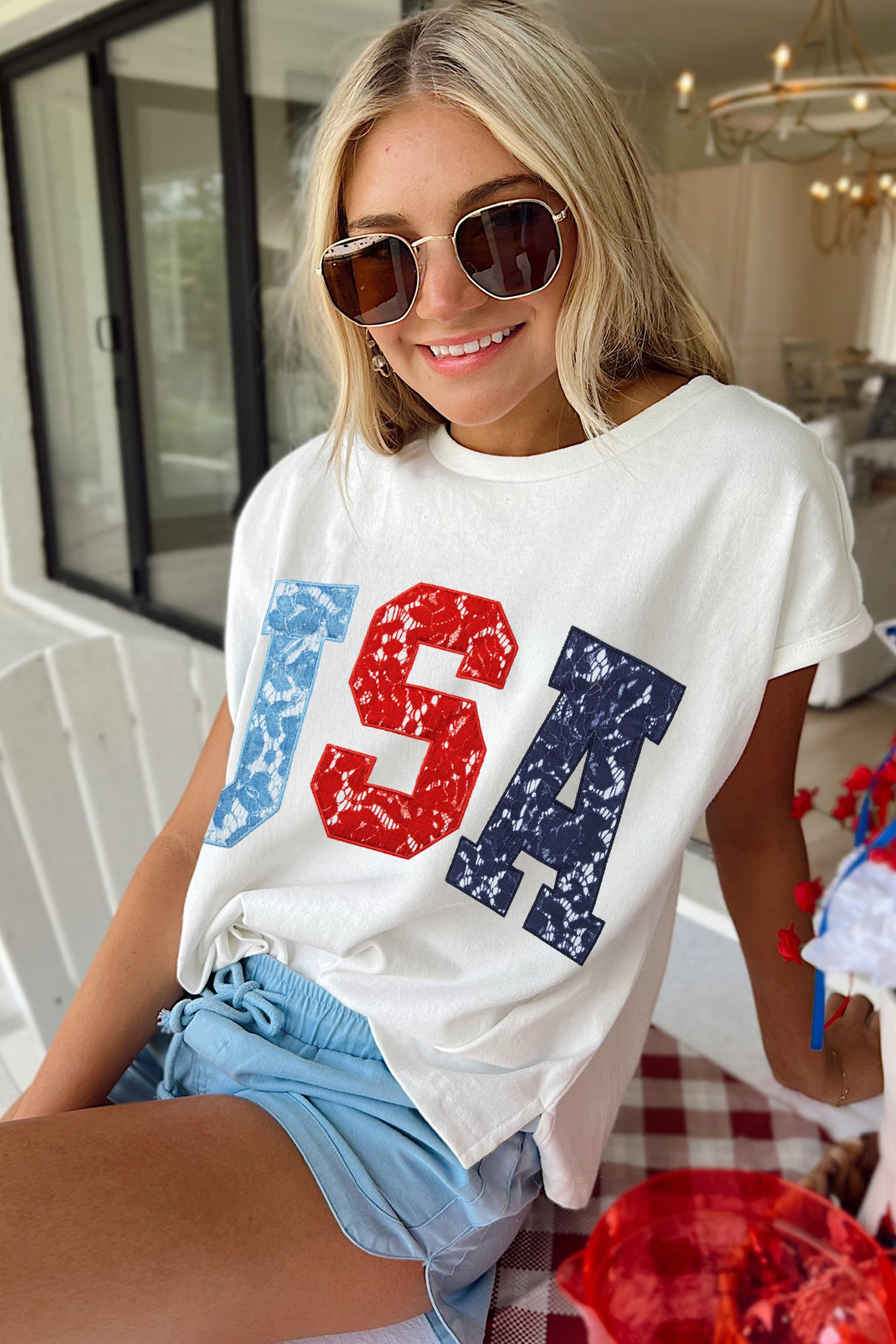 USA Lace Letter Dolman Tee Flag Day July 4th Top