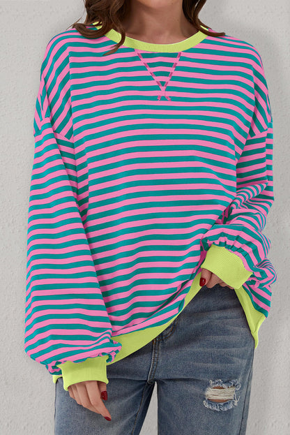 Sky Blue Stripe Oversized Contrast Trim Pullover Sweatshirt