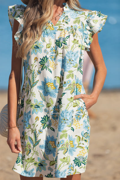Boho Floral Ruffle Sleeve V Neck Shift Mini Dress