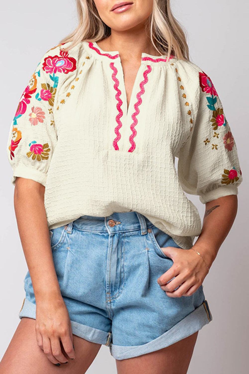 Floral Embroidered Ricrac Puff Sleeve Textured Blouse