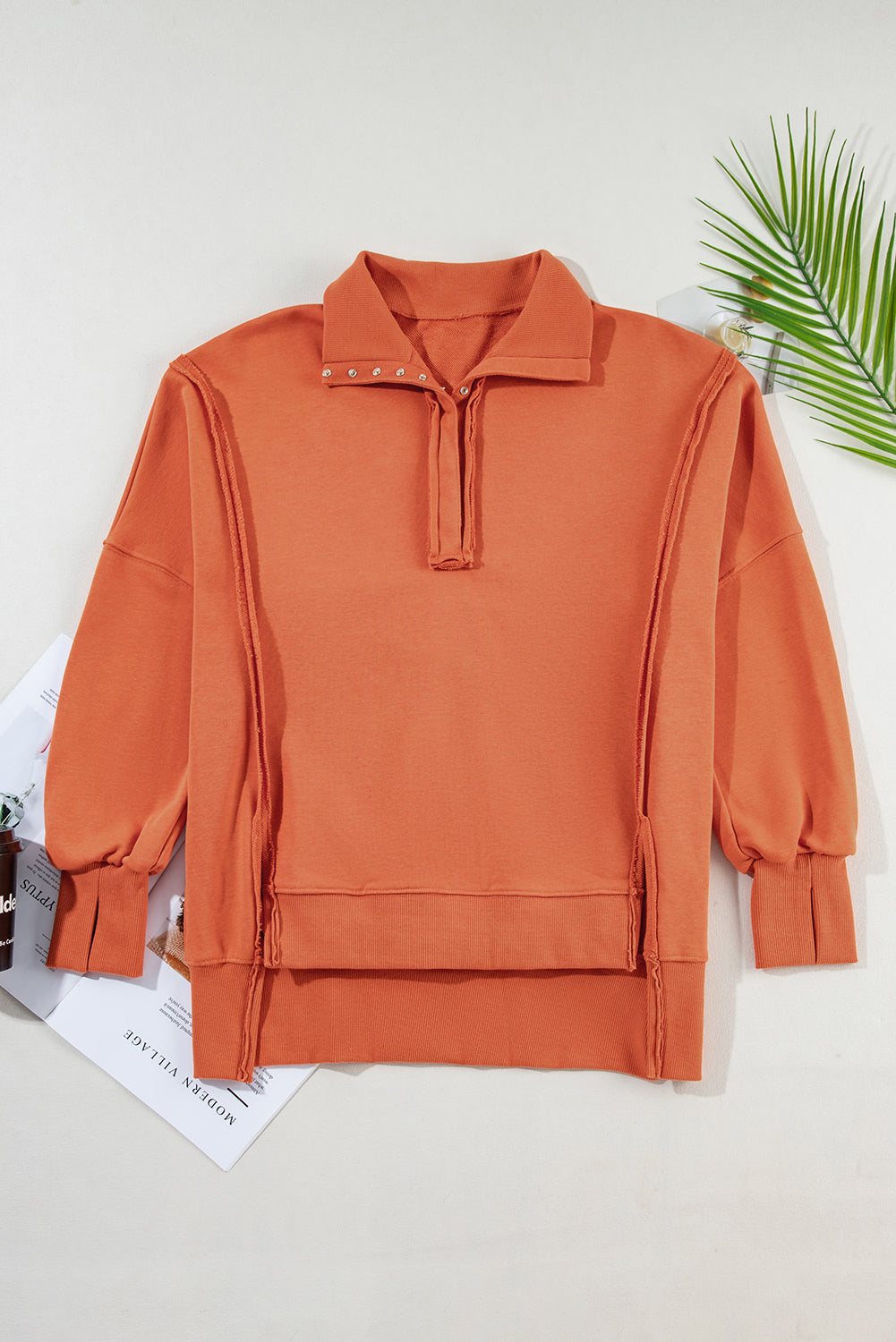 Orange Snap Collar Raw Hem High-Low Sweatshirt with Slits