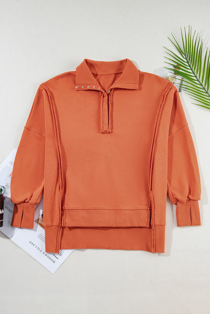 Orange Snap Collar Raw Hem High-Low Sweatshirt with Slits