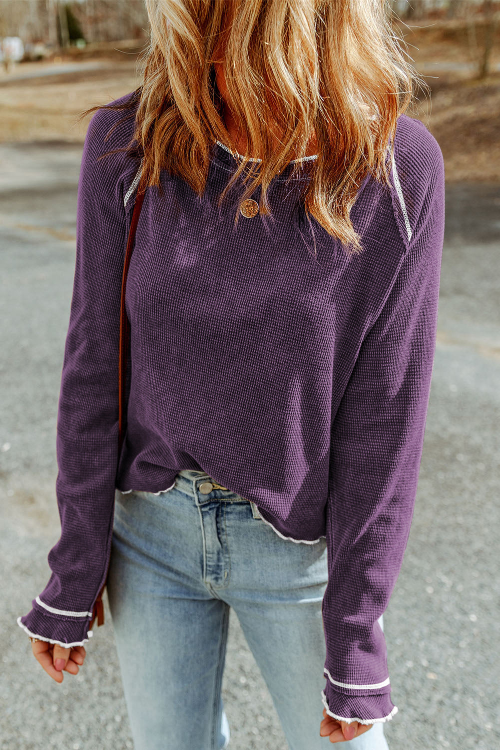 Womens Waffle Knit Long Sleeve Top Casual Crew Neck Tee