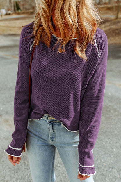 Womens Waffle Knit Long Sleeve Top Casual Crew Neck Tee