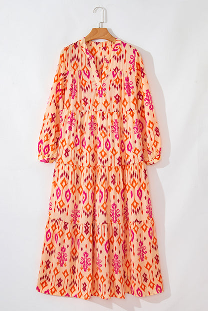 Orange Western Abstract Geometric Printed Maxi Dress