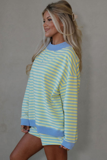 Striped Long Sleeve Pullover and Shorts Lounge Set