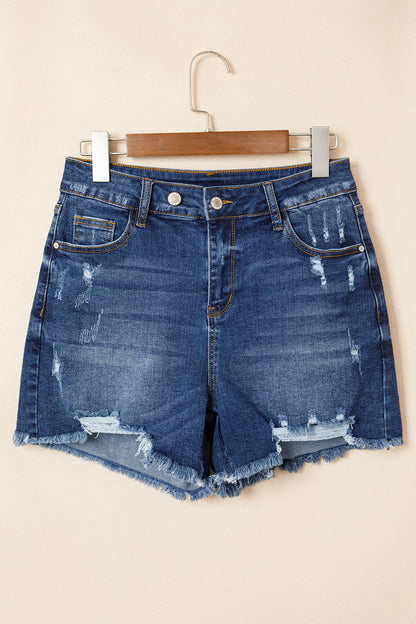 Sail Blue High-Waist Distressed Raw Hem Denim Shorts
