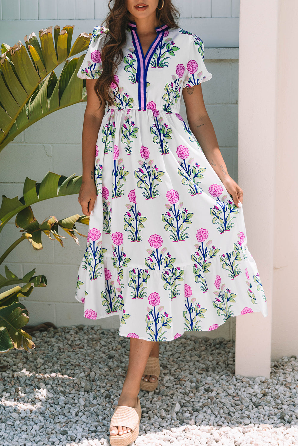 White Floral Contrast Trim V Neck Maxi Dress