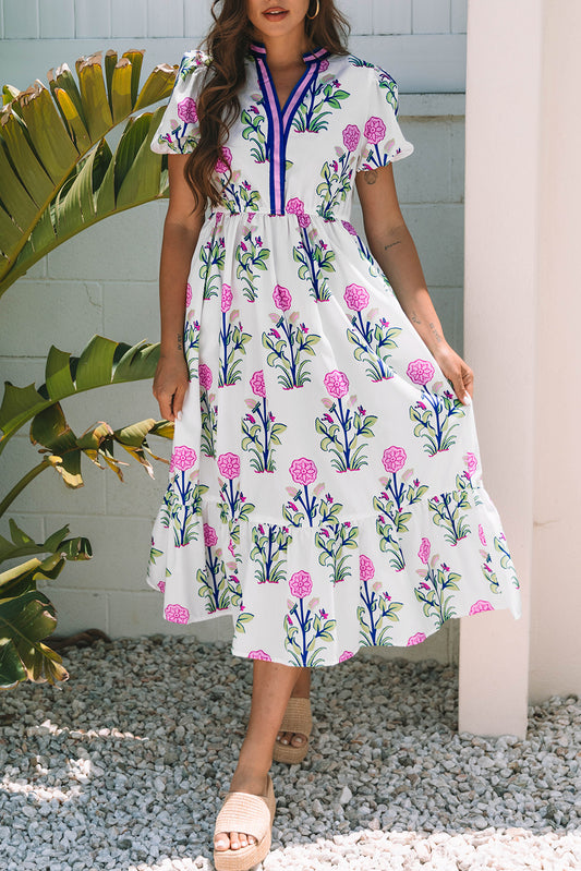 White Floral Contrast Trim V Neck Maxi Dress