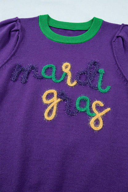 Purple Mardi Gras Tinsel Letter Short Sleeve Sweater Top