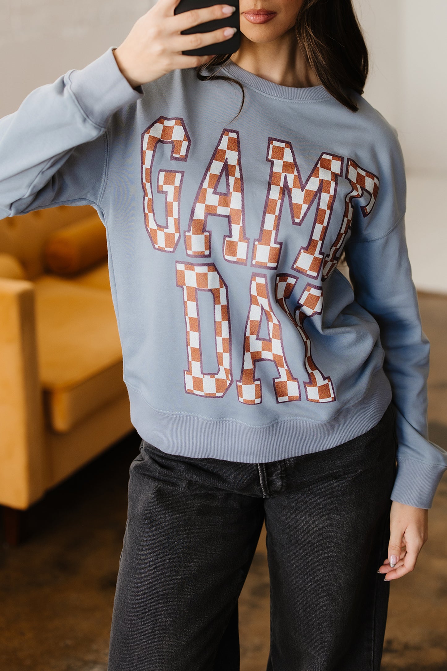 Game Day Checkered Graphic Oversized Crewneck Sweatshirt