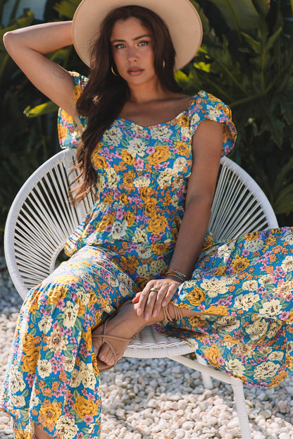 Floral Wide Leg Jumpsuit Cutout High Waist Boho Style