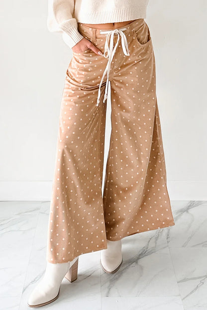 Khaki Polka Dot Drawstring Wide Leg Pants