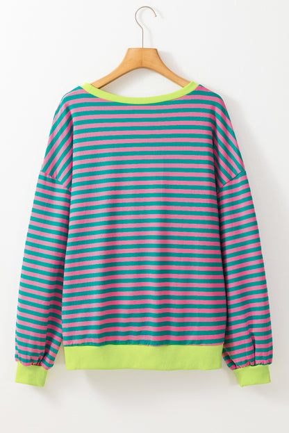 Sky Blue Stripe Oversized Contrast Trim Pullover Sweatshirt