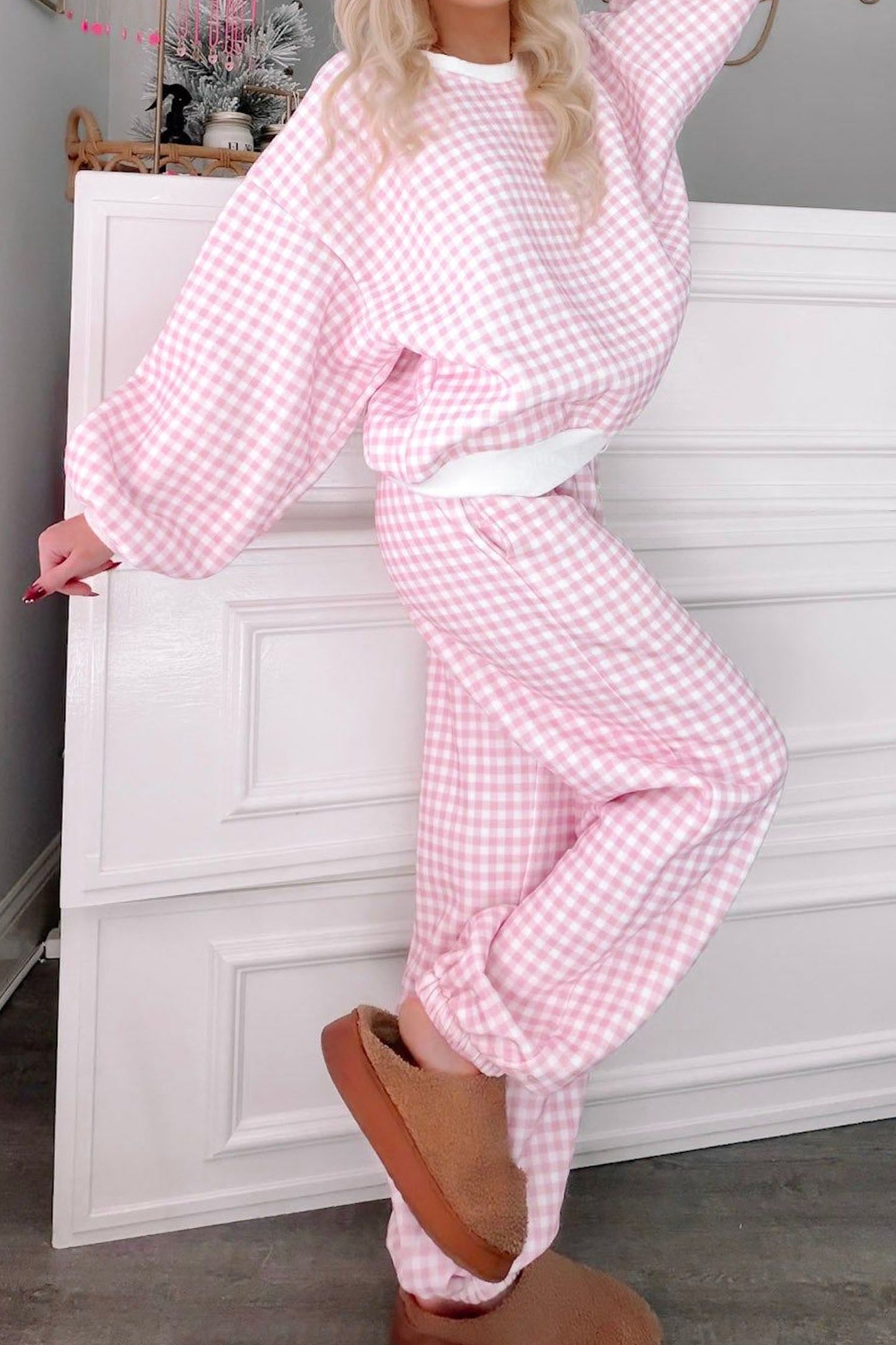 Plaid Polyester Pant Set Casual Wide Leg