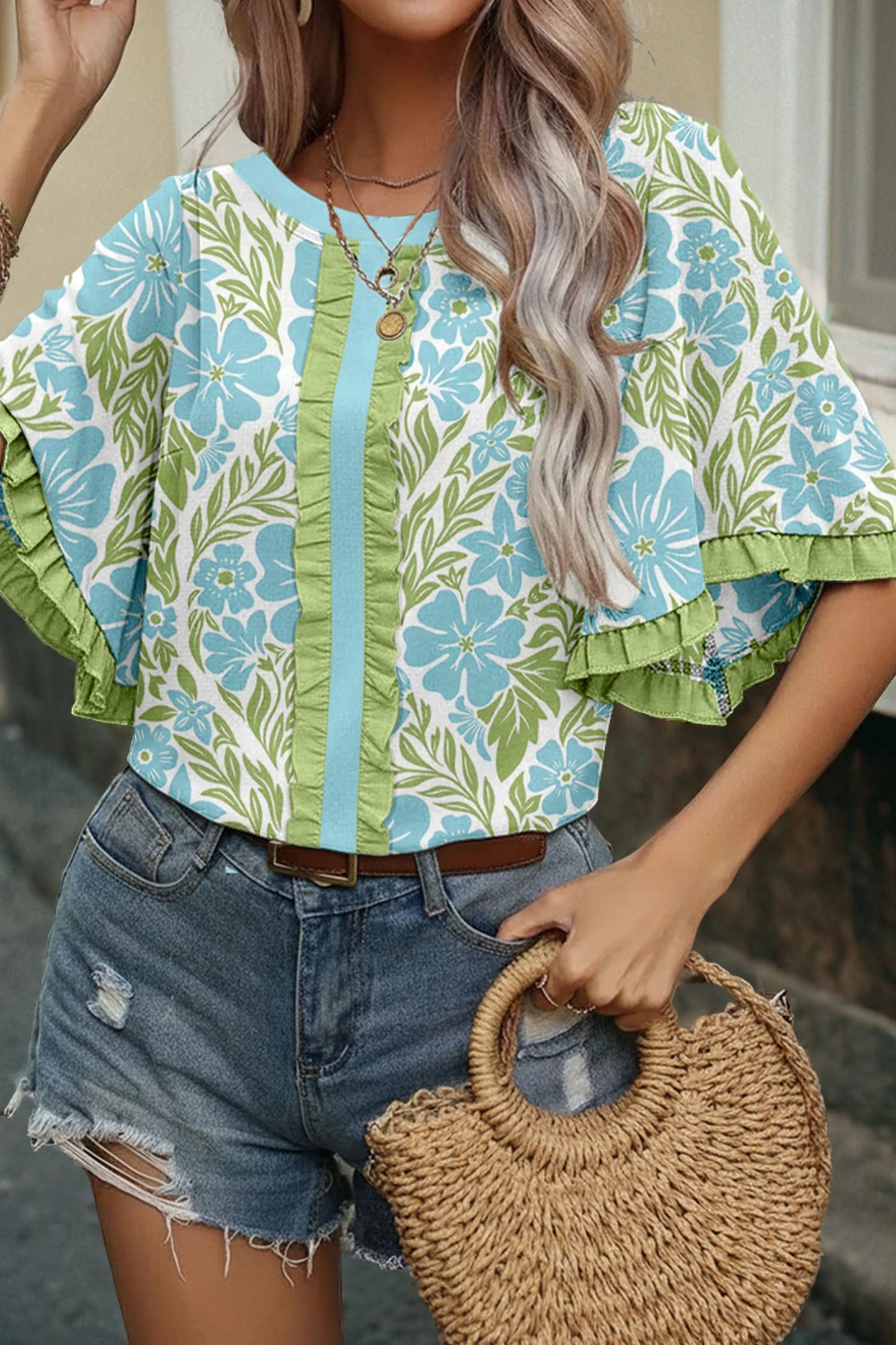 Sky Blue Floral Ruffle Sleeve Boho Blouse