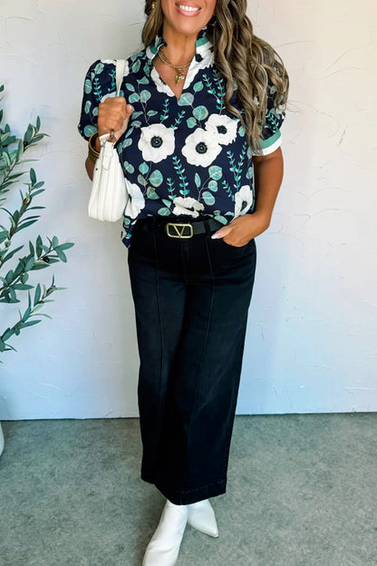 Blue Floral Print Striped Patchwork V Neck Short Sleeve Blouse