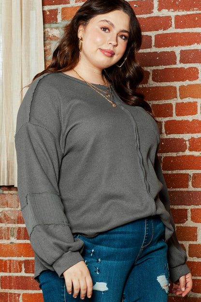 Black Plus Size Exposed Seam Crinkle Patchwork Top