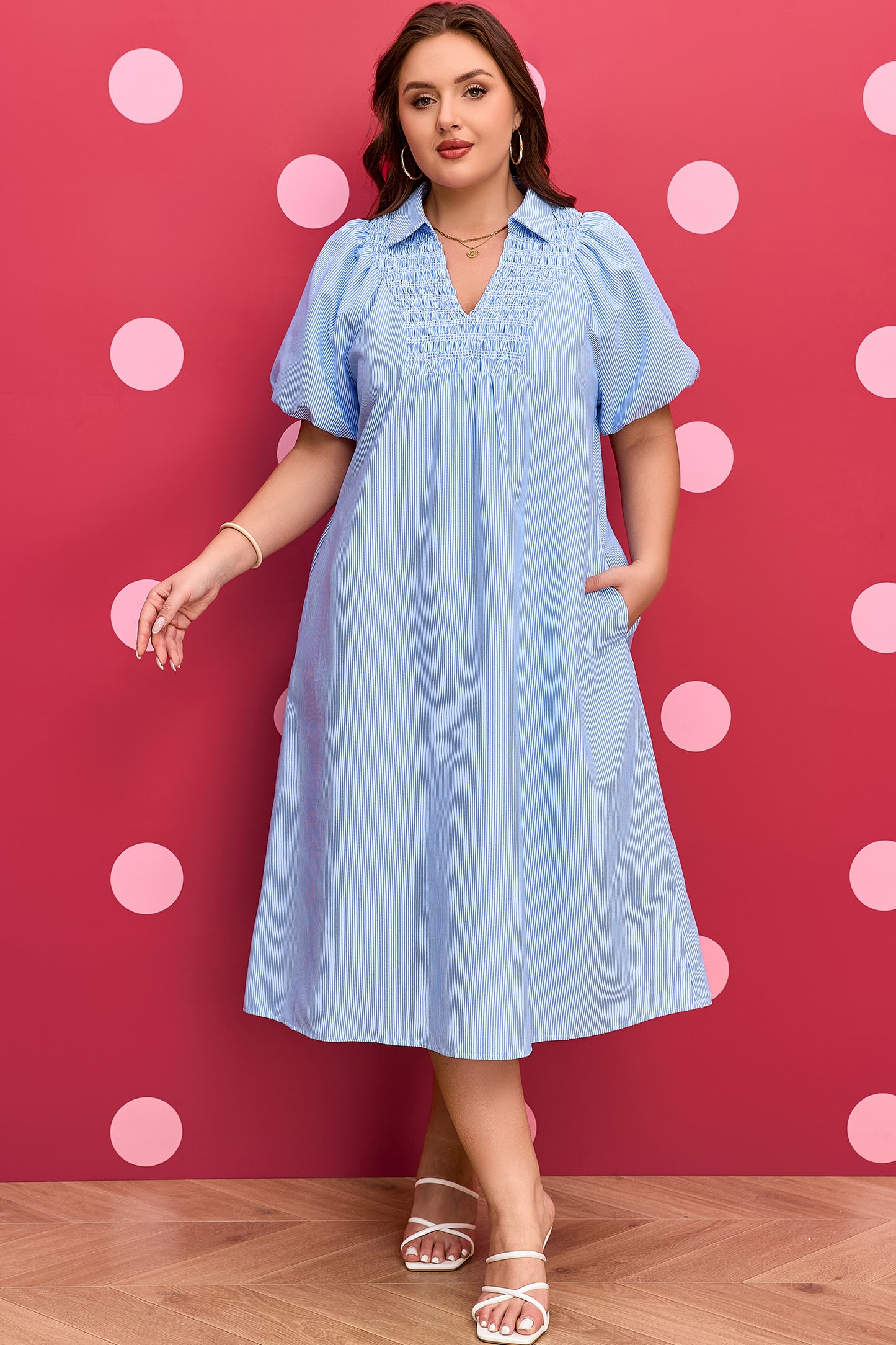 Plus Size Smocked V Neck Midi Dress Stripe Puff Sleeve
