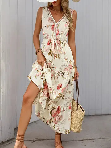 Floral V-Neck Sleeveless Maxi Dress with Tie Waist