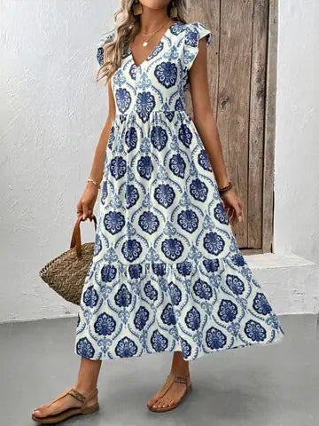 Boho V-Neck Sleeveless Maxi Dress with Floral Print