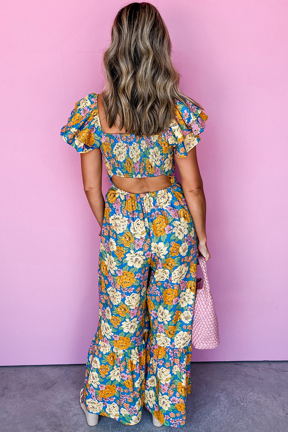 Floral Wide Leg Jumpsuit Cutout High Waist Boho Style